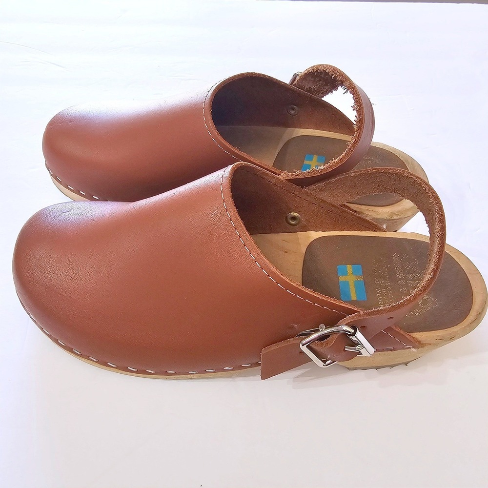 MIA Alma Free People Swedish Wooden Clogs Cognac Brown Leather 38 (7.5) 70s - Picture 6 of 11